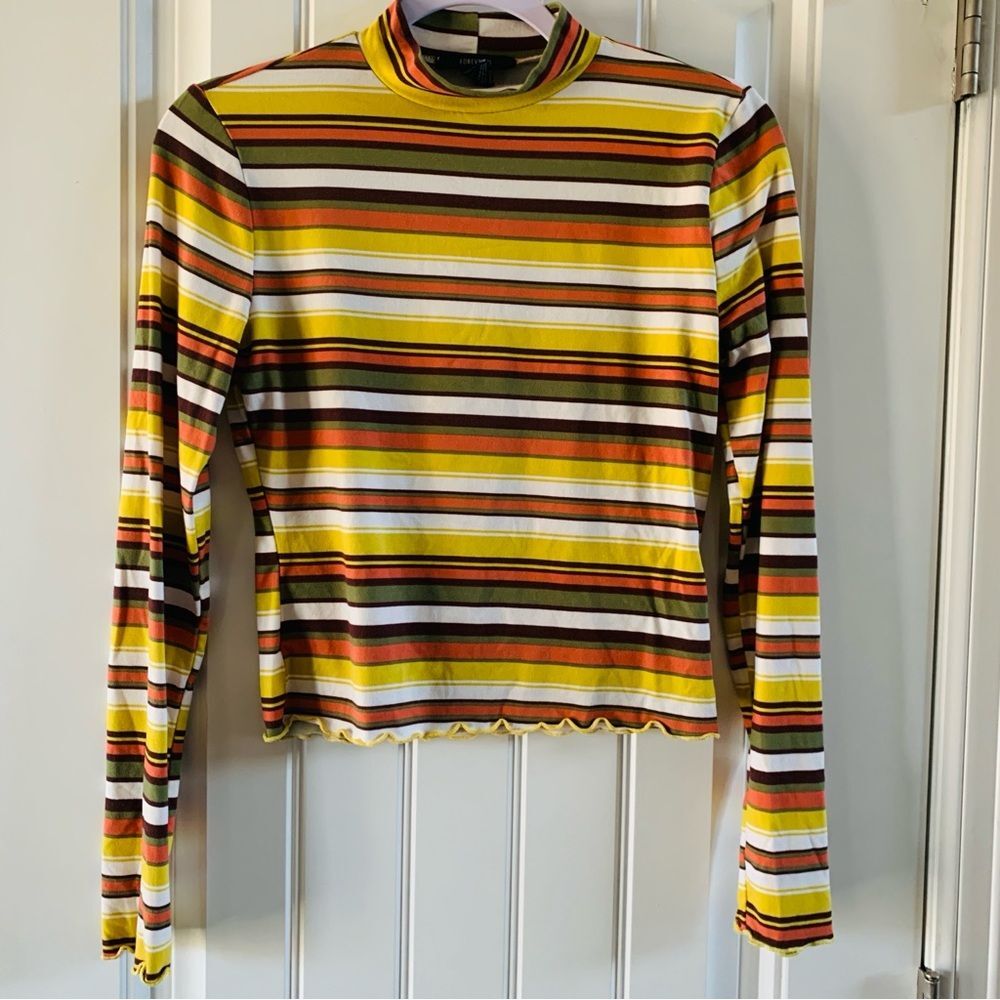 Forever 21 Retro Style Striped Mock Neck Long Sleeve Ruffle Trim Shirt | Medium